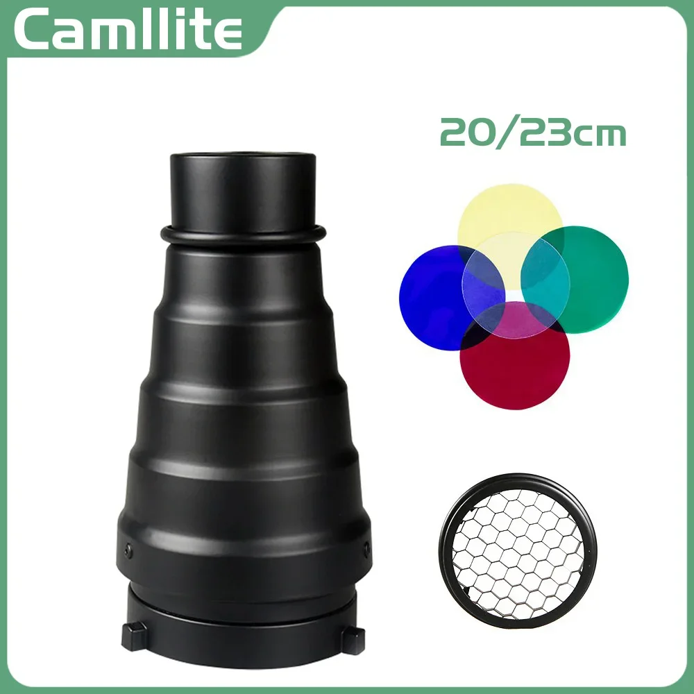 Camllite metal cónico snoot com favo de mel grade filtro cor para bowens montagem estúdio estroboscópio monolight fotografia flash