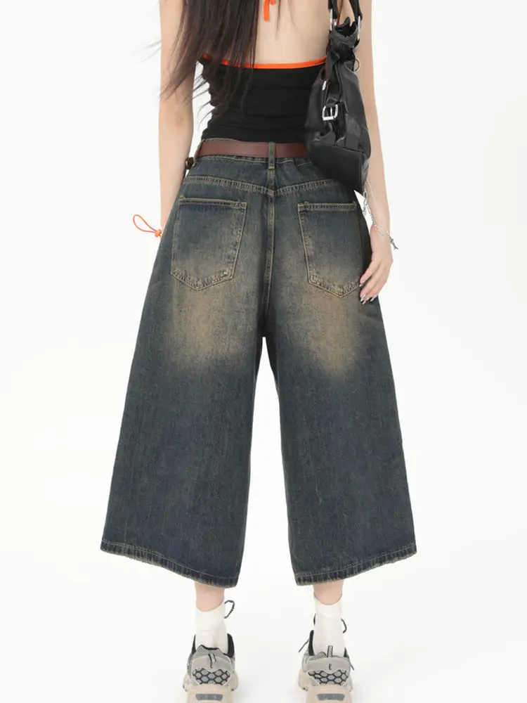 شورت جينز ريترو سبع المحاصيل للنساء يغسل الفتيات اليابانية الساخنة عالية الخصر مستقيم واسعة الساق السراويل