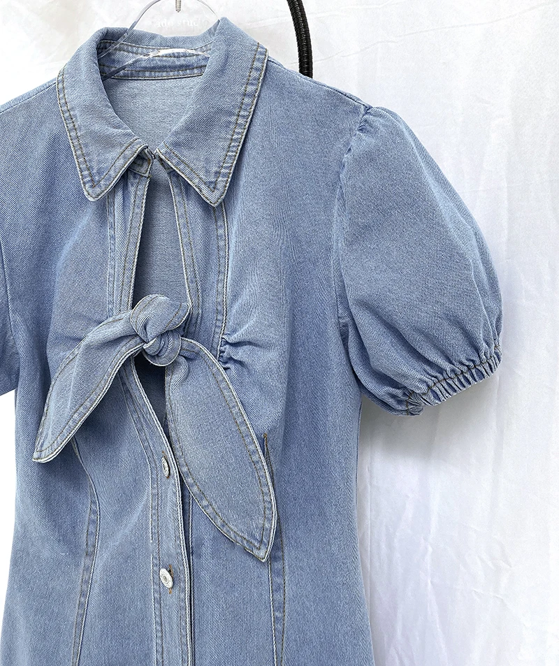 Summer 2025 Hollow Out Lace-up Women's Dress Puff Sleeve Mini Chic Dresses For Women Female Clothing Denim Dress Clothes SL430