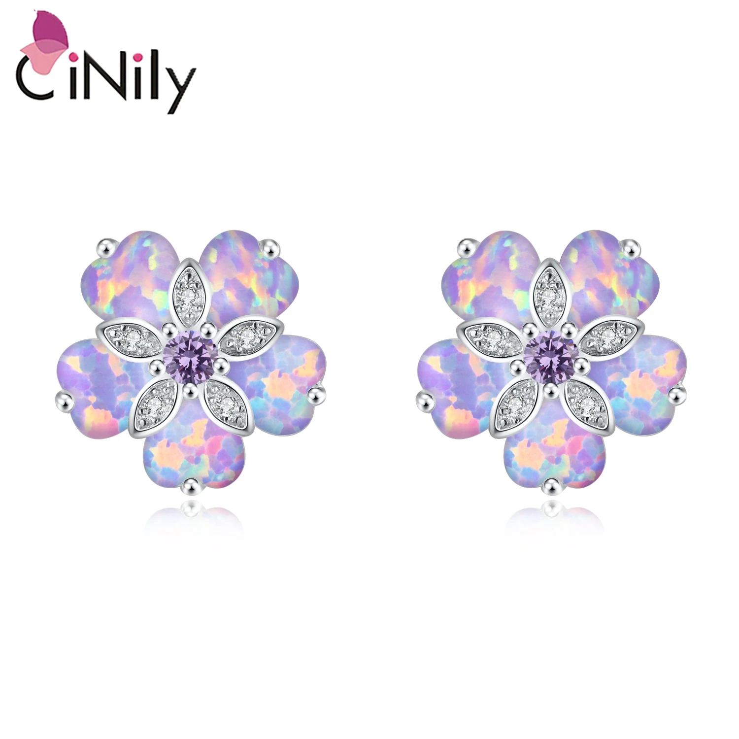 CiNily Purple Fire Opal Stone Stud Earrings for Women Girl Silver Plated Flower Shaped Earring Flora Summer Bohemia Boho Jewelry