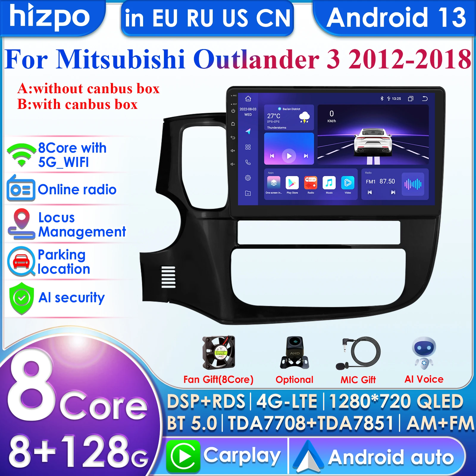 

8G 128G DSP AI Voice Android Auto Radio for Mitsubishi Outlander 3 GF0W GG0W 2012-2018 4G Carplay Car Multimedia 2din Autoradio