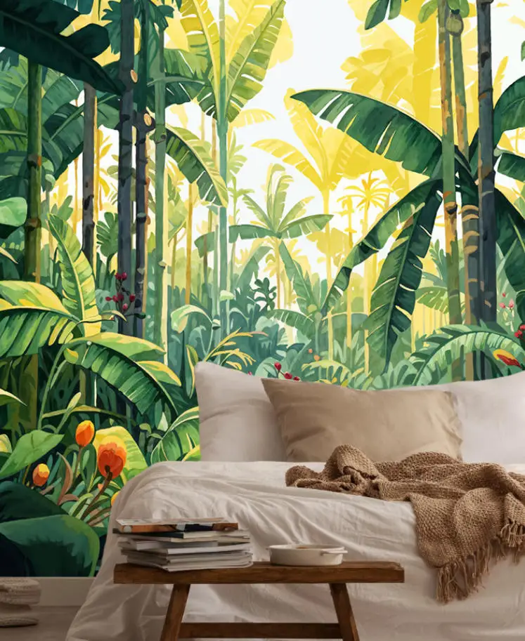 Custom size mural watercolor flower illustration hand-painted plant tropical flower banana leaf background wall 3d wallpaper