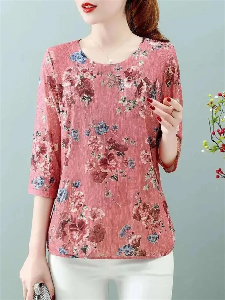 5XL Women Spring Summer Blouses Shirts Lady Fashion Casual Short Sleeve O-Neck Collar Flower Printing Blusas Tops G2102