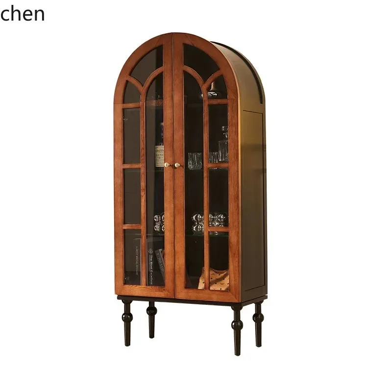 

d9 Solid Wood Wine Cabinet for Home Living Room, Arched Display Cabinet with High-End Feel, Storage Side Cabinet