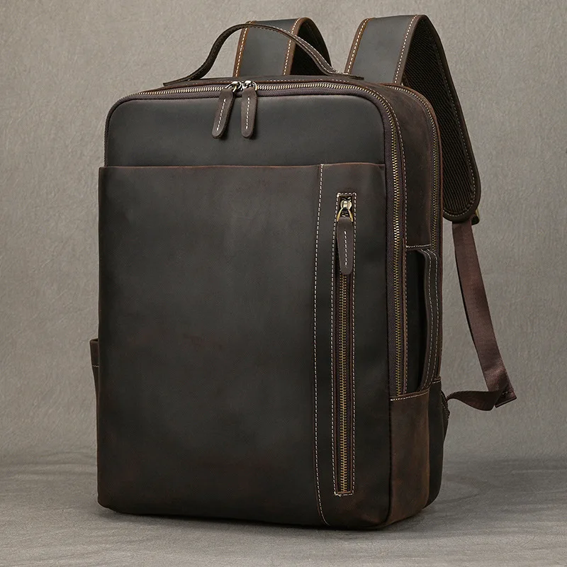 Retro Genuine Leather Men's Backpack Top Layer Cowhide Backpack Fashion Men's Bag Crazy Horse Skin Student School Computer Bag