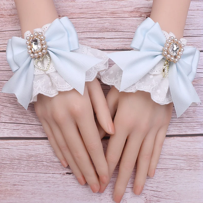 หวานและน่ารักผ้าฝ้ายปักลูกไม้แขนโบว์ Rhinestone Lolita แขนมือสําหรับผู้หญิง
