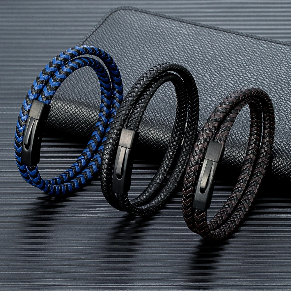 MKENDN-سوار من الجلد المضفر للرجال ، إكسسوارات بأزرار من الفولاذ المقاوم للصدأ ، مجوهرات منسوجة يدويًا ، أسود غير لامع بسيط ، نمط كلاسيكي ، هدايا