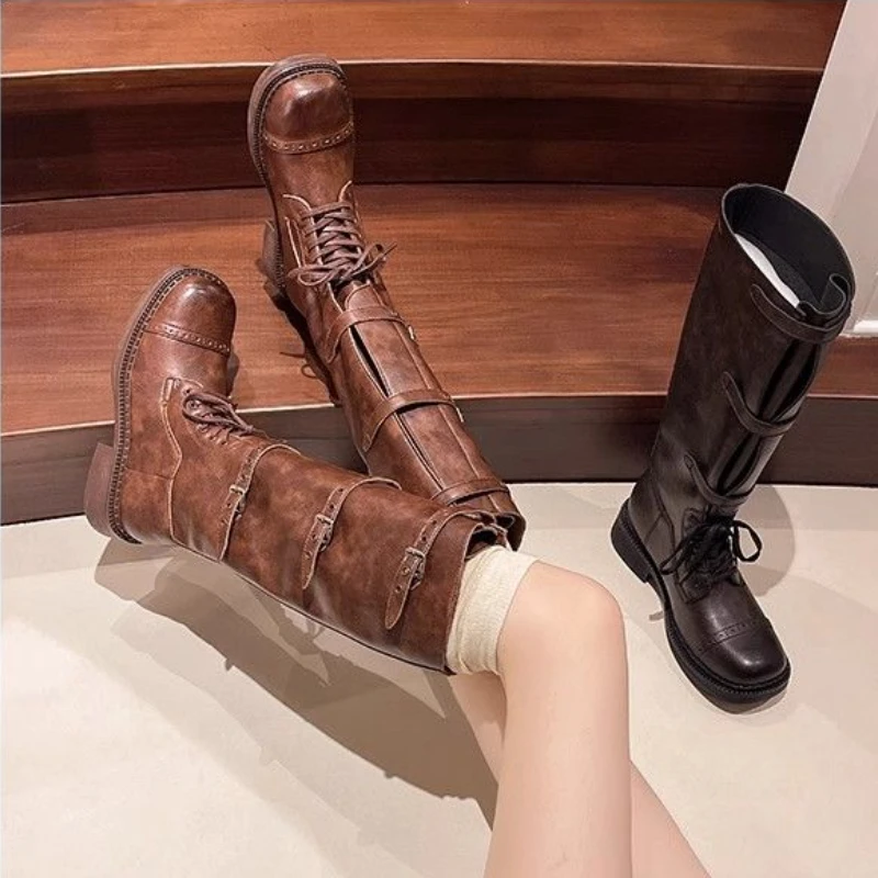 Women's Single Boots Spring  New Large Cylinder Vintage Thick Soled Motorcycle Boots Fashion Increase Walking Motorcycle Boots