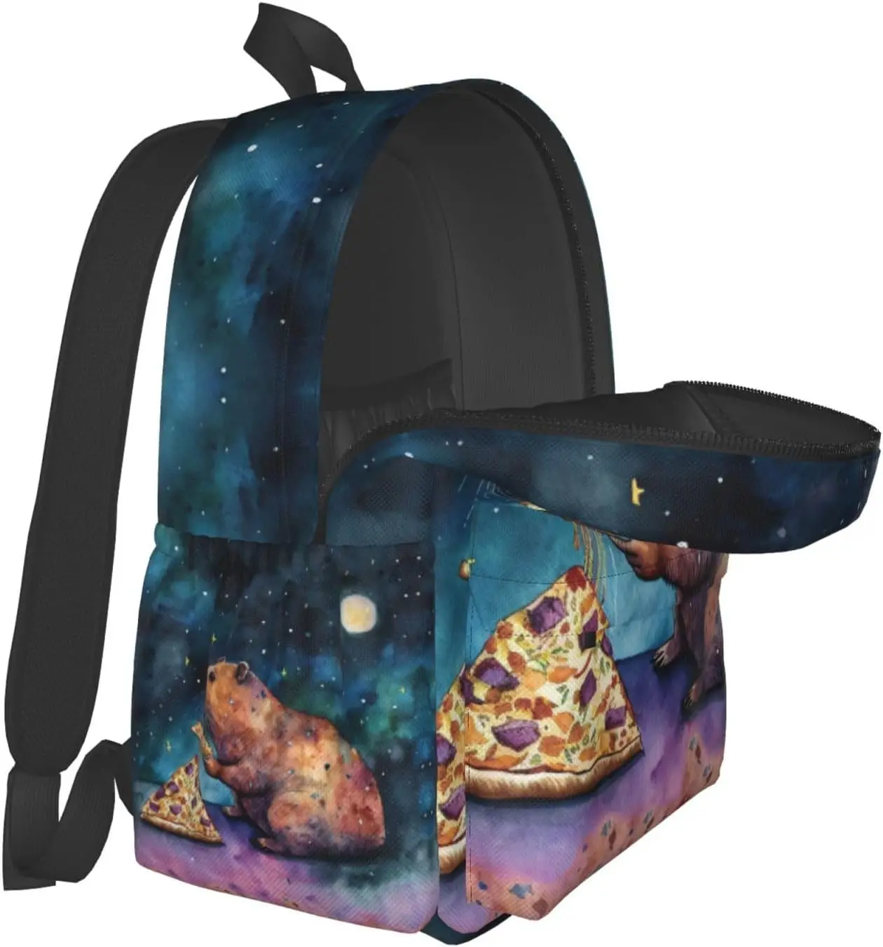 حقيبة ظهر مدرسية من Galaxy Pizza Capybara حقيبة كتب خفيفة الوزن كاجوال للفتيات والأولاد والنساء والرجال والسفر والكمبيوتر المحمول مقاس 16 بوصة