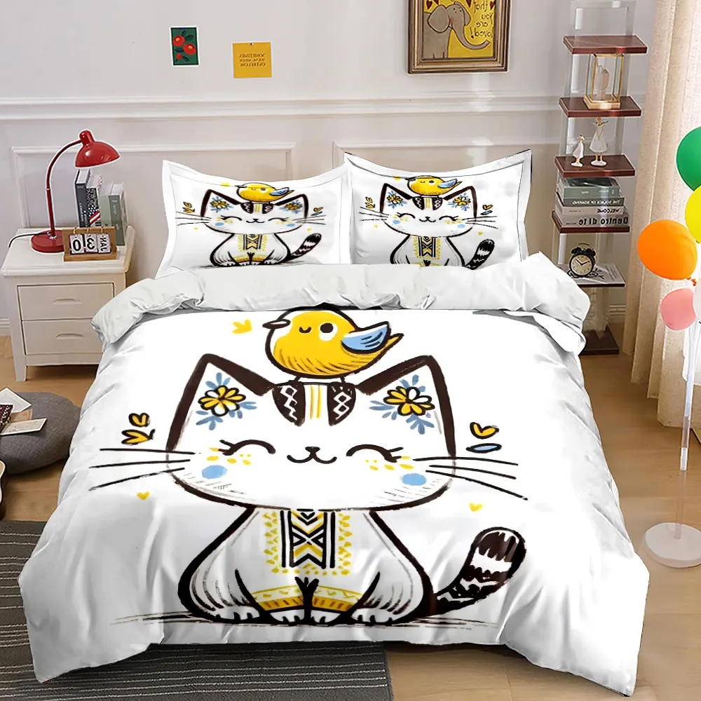 Cute cat with yellow bird Printed Duvet Cover Set 1 Duvet Cover+2 Pillowcase Multi Size Bedroom Bedding Decor Luxury Gift