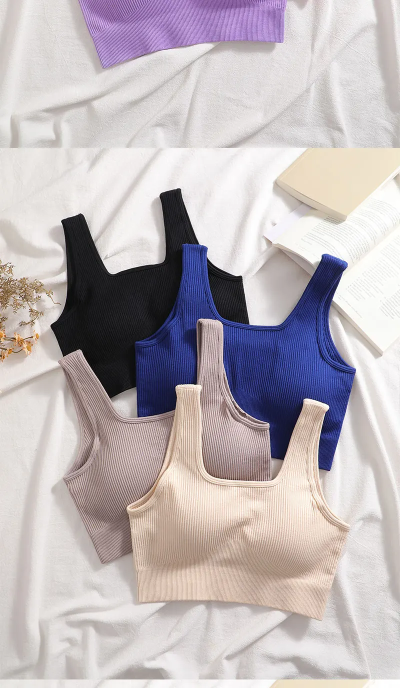 Nahtloses geripptes Crop-Tanktop für Damen, gepolsterter BH, quadratischer Ausschnitt, ärmellose Sportweste, hohe Dehnbarkeit, weich, atmungsaktiv, Fitness-Yoga-Top – Detail 10