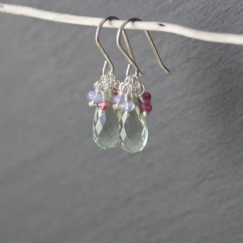Green quartz cluster earrings, set with green amethyst, tanzanite and pink tourmaline, multi-colored gemstone jewelry for women