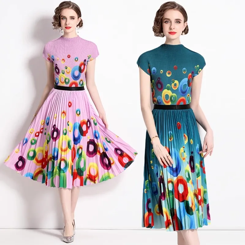 2023 Summer Elegant Miyake Two Piece Set For Women Short Sleeve Printing High Elastic T-shirt + Holiday Pleated Midi Skirt Suit