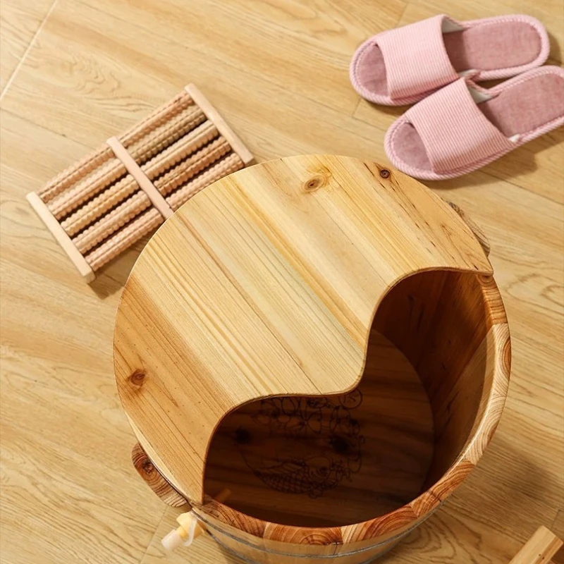 Solid Wood Foot Soak Tub Over Calf Insulated Foot Bath Bucket with Drain Home Pedicure Basin Portable Deep Soaking Tub for Adult