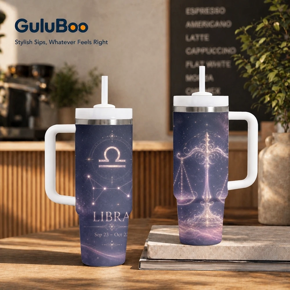 7-12Simple Twelve Zodiac Signs Vacuum Flasks 40oz Stainless Steel Insulated Tumbler with Handle & Straw Leakproof Travel Mug