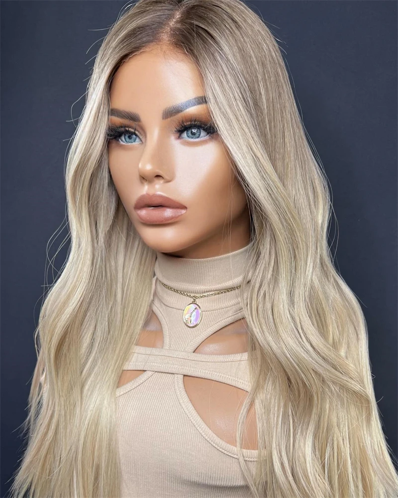 Golde Blonde Balayage Lace Front Wig Synthetic Blended Wigs Ash Brown Roots Highlights 13X4 Women Wig Medium Long Wavy Wigs