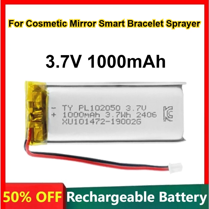 102050 Polymer Lithium Battery 3.7V 1000mAh for Cosmetic Mirror Smart Bracelet Sprayer Rechargeable Soft Pack Battery