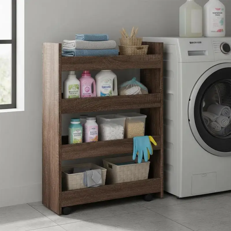 Carrito de Almacenamiento Estrecho con Ruedas – Estantería Móvil de 4 Niveles para Cocina, Baño y Salón – Fabricado en Madera con Sistema de Frenado