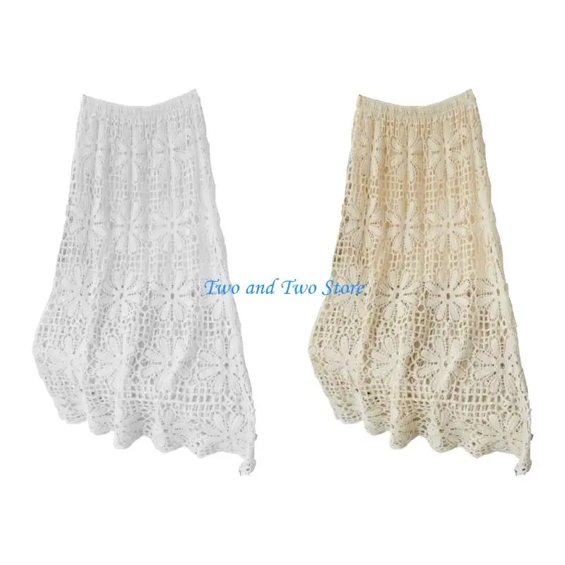 HX6F Bohemian Long Skirts for Women Summer High Waist Lace Crochet Knit Maxi Skirts
