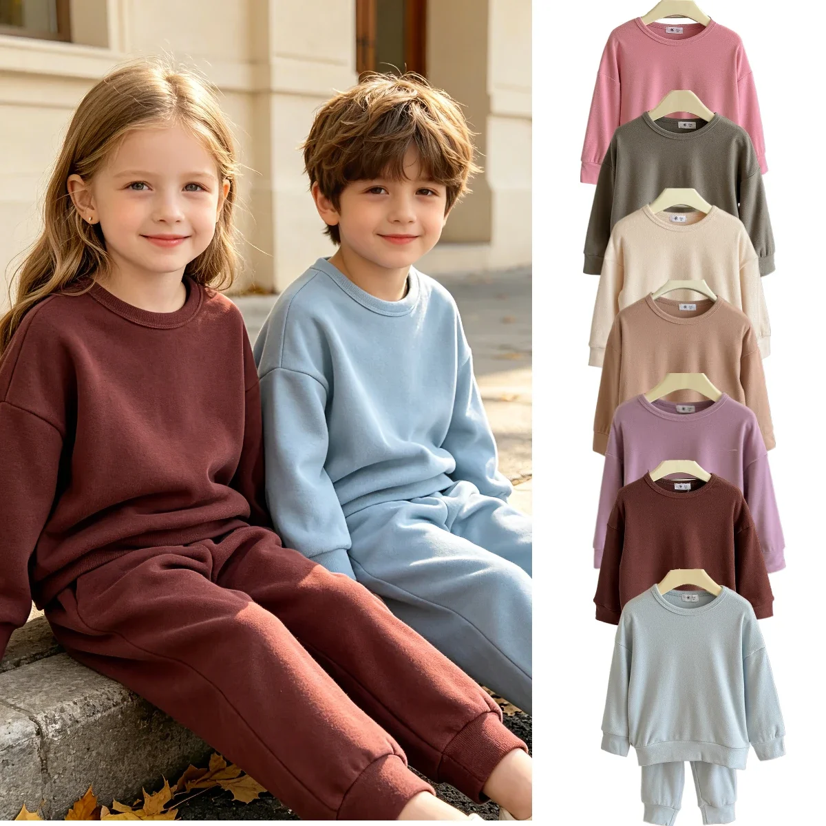 Kids Fleece Lined Loungewear Set 2-Piece Long Sleeve Sweatshirt Pants Soft Thermal Base Layer Boys Girls Casual Daily Outfit