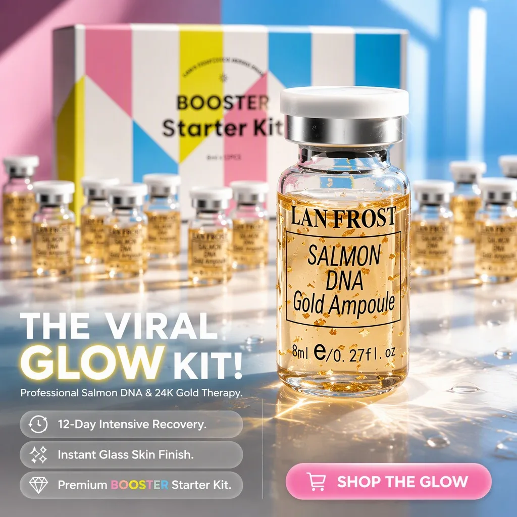 Pro Korean Salmon DNA Gold Ampoule Skin Booster Serum 8ml for Face Care, Brightening Moisturizing 0.3mm Microneedle Serum 1 Set