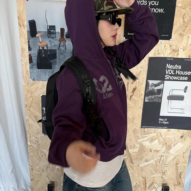 الأمريكية خمر الثقيلة هوديي المرأة طويلة الأكمام زمم حجر الراين البلوز Harajuku Y2K الجمجمة الشارع معطف غير رسمي