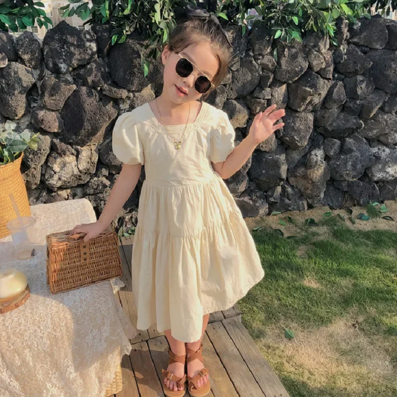 

Girls Summer 2025 New Fashion Bow Bubble Sleeve Cotton Solid Soft Comfort Cute Elegance Kids Clothes Children Princess Dress