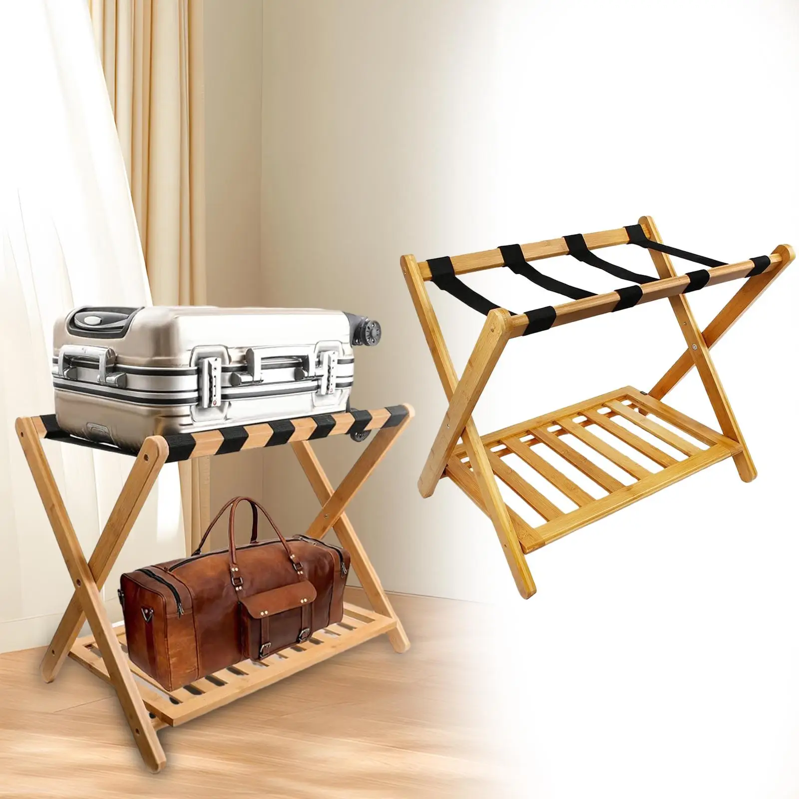 Luggage Rack Foldable Bamboo Portable Organizer Two Tier Shelf Suitcase Stand