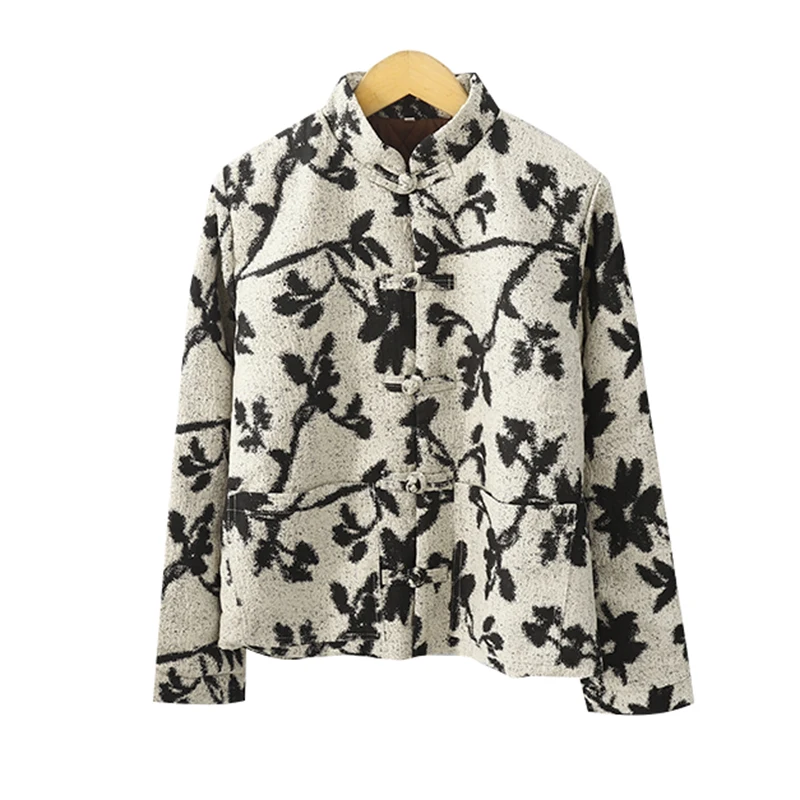 Nieuwe Chinese Sle Water-Mark Print Katoen Jaet vrouwen Herfst Winter Stand Kraag Knop ort Warme Bovenkleding high-End Top