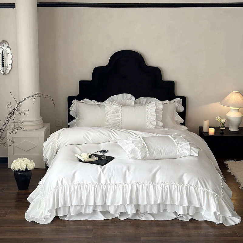 4Pcs White French Princess Double Laye Ruffles 1000TC Egyptian Cotton Bedding Set Duvet Cover Set Bedskirt Bedspread Pillowcases