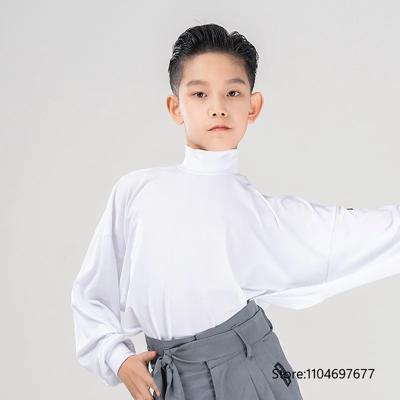 

2026 New Latin Dance Tops For Boys Small High Neck Bat Sleeve Shirts Samba Chacha Tango Kids Latin Dance Practice Wear