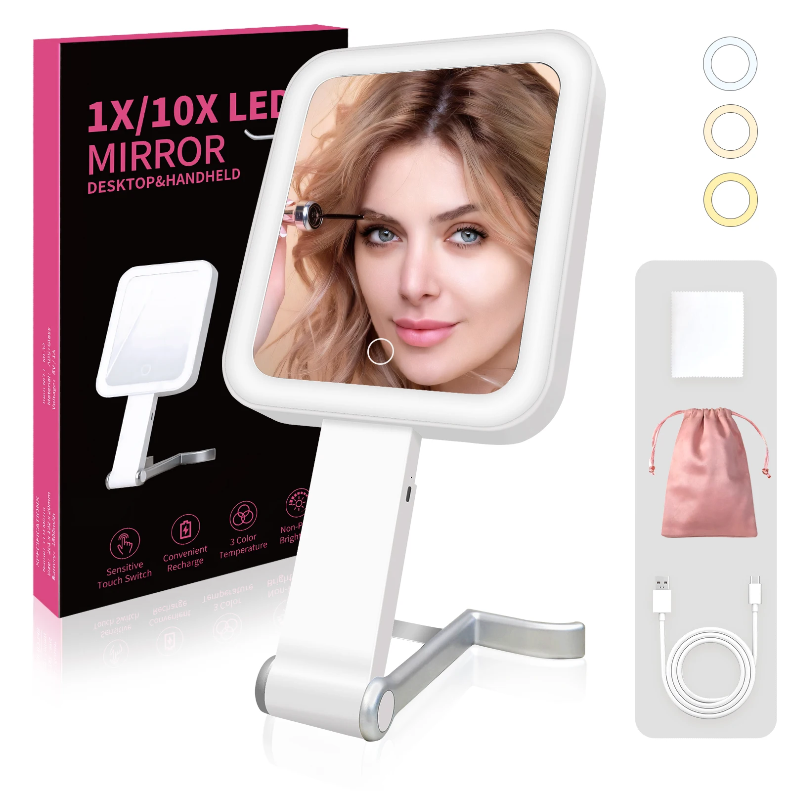 

2in1 10X Magnification Makeup Mirror for Travel with LED Lights 3 Color Lighting Dimmable Touch Screen Portable Vanity Mirror