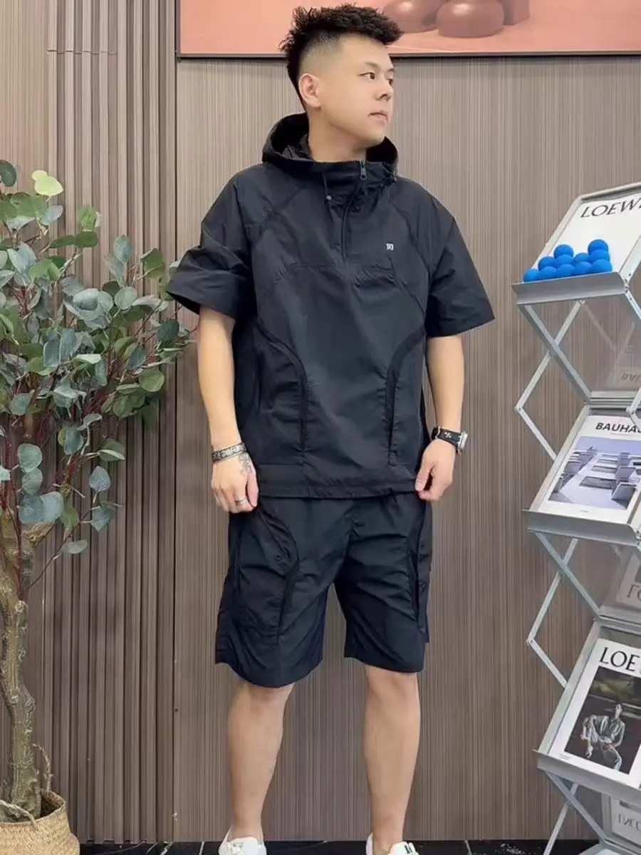 2Pcs Sport Tracksuit Men’s Summer Half-Zip Hooded Short Sleeve Set Lightweight Quick-Dry Cargo Shorts Suit Casual Outfits