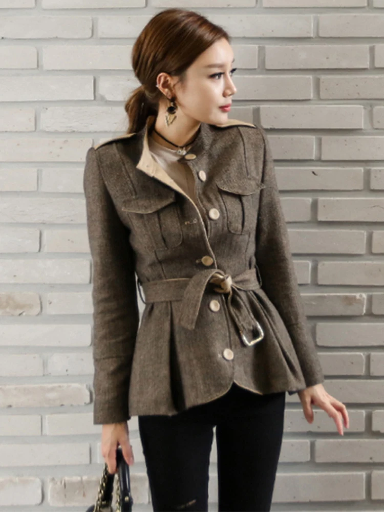 

Elegant Office Women Short Jacket Coat Casual Vintage Stripe Single Breasted Belt Slim Lady Femme Mujer Autumn Winter Outerwear