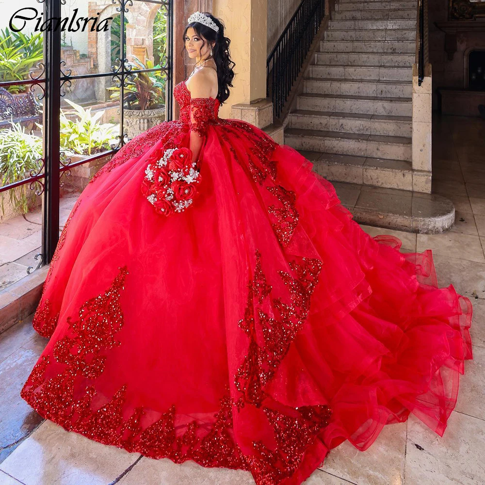 Gaun pesta lengan ruffle dapat dilepas merah gaun Quinceanera korset renda applique berpayet Vestidos De 15 a00os