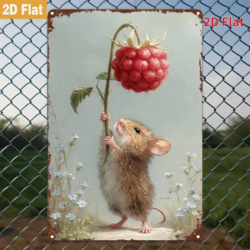 2D Flat, 1pc Metal Sign, Cute Mouse and Red Berry Tin Painting, Natural Pastoral Style Decoration, 20x30cm/8x12in, Durable Wr