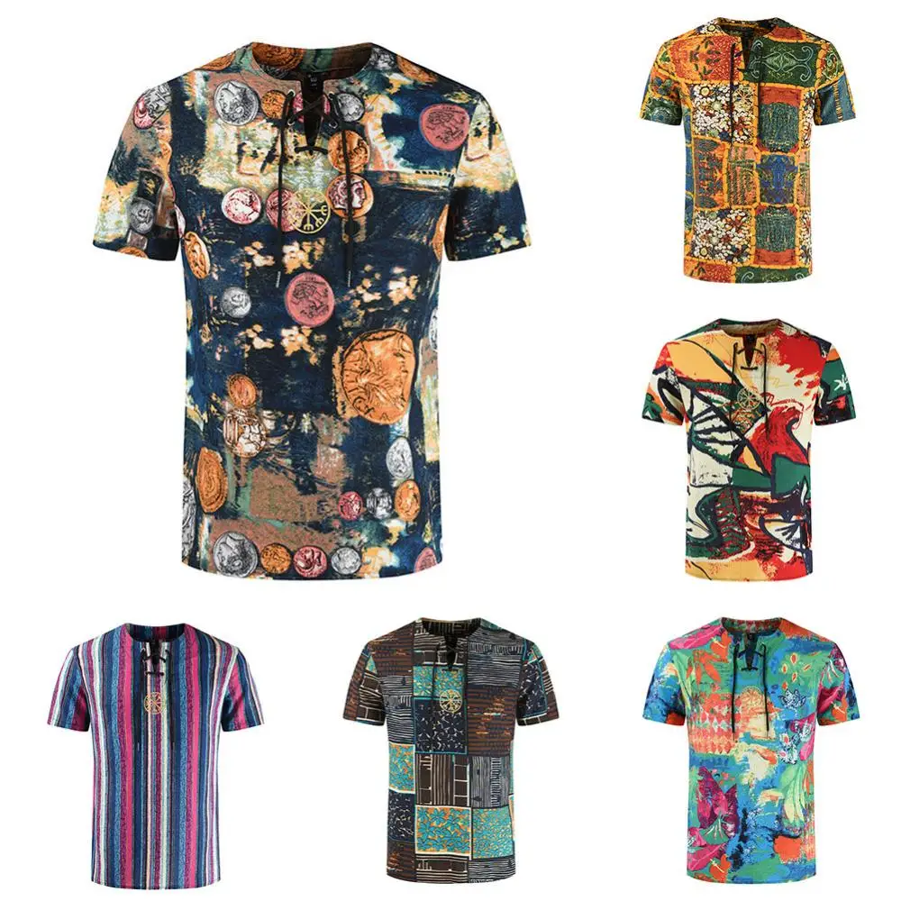 Men Shirts V Neck Summer Short Sleeve T-shirt Top Fashion Men Print Shirt Scrawling Bandage Top Vocation Tees Male Streetwear