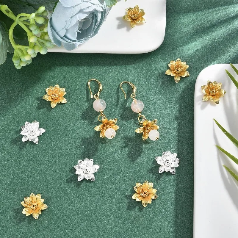 48Pcs 2 Colors 3D Brass Bead Caps 16x6.5mm Multi-Petal Flower Brass Bead Caps Filigree Spacer Bead for Bracelet Necklace