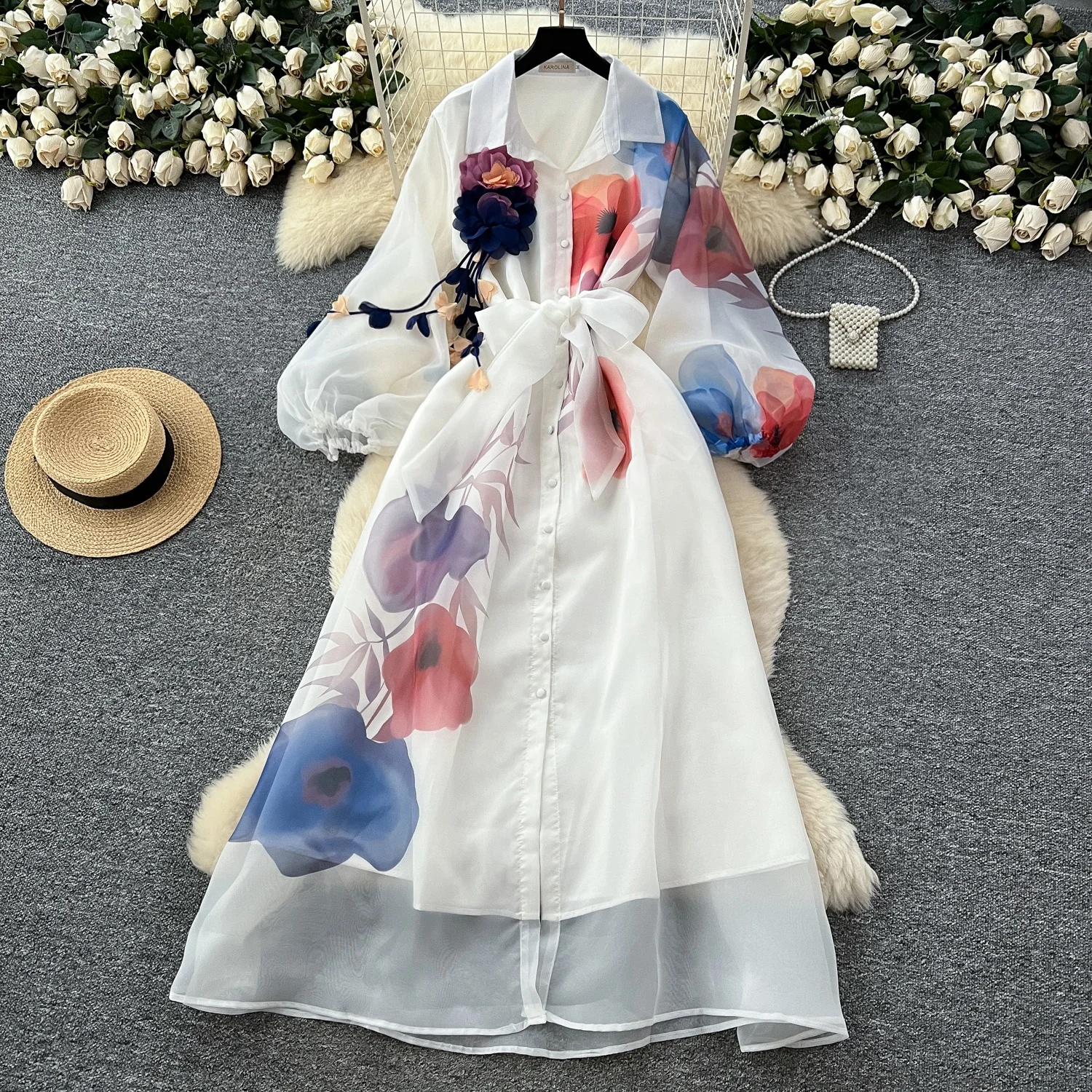 Clothland Damen Vintage Blumenhemd Kleid Schärpen Laterne Ärmel Einteiler Weiß Schwarz Mesh Retro Maxikleider QE197