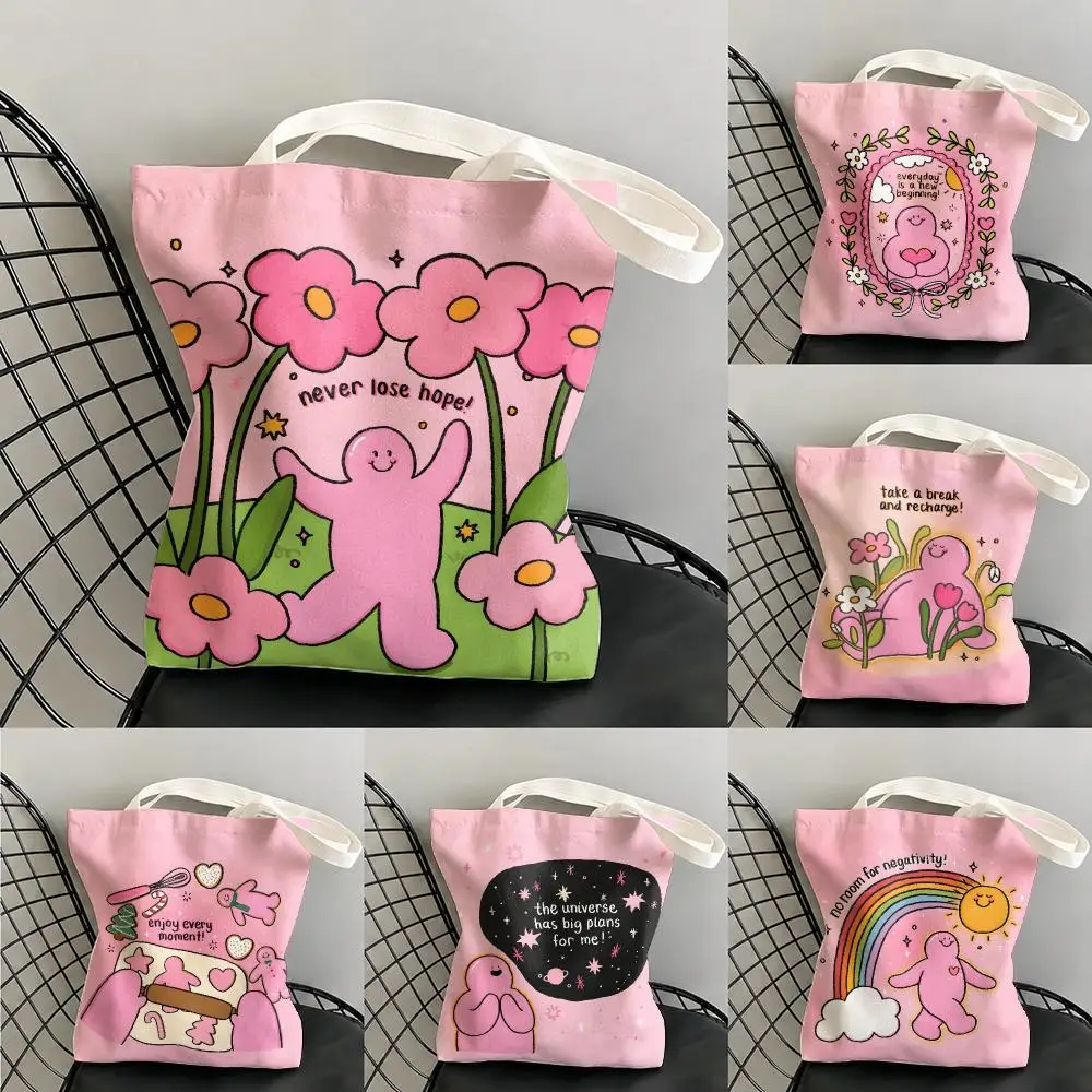 Cute Pink Little Man Storage Bags Canvas Double-Sided Print Beach Bag Durable Handbag Shoulder Travel Bag Gift