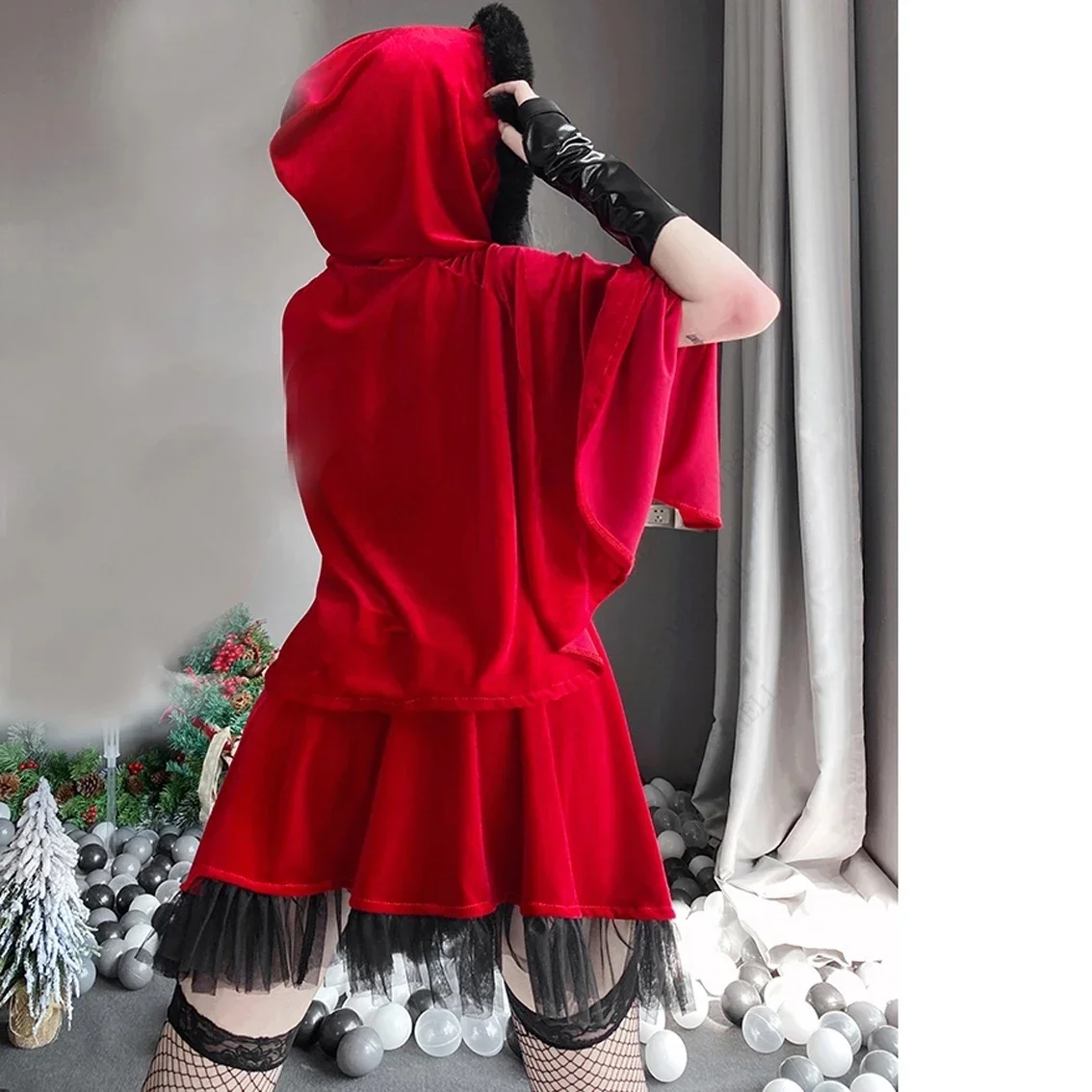 2025 Vrouwen Kerst Xmas Lady Kerstman Cosplay Kostuum Sexy Lingerie Winter Rood Zwart Jurk Cape Mantel Meid Serveerster Uniform