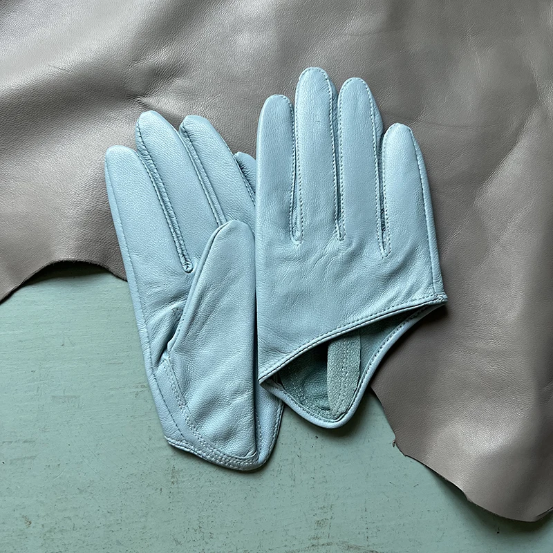 Men's and women's leather half-palm gloves light blue pure sheepskin single leather driving fashion matching single product