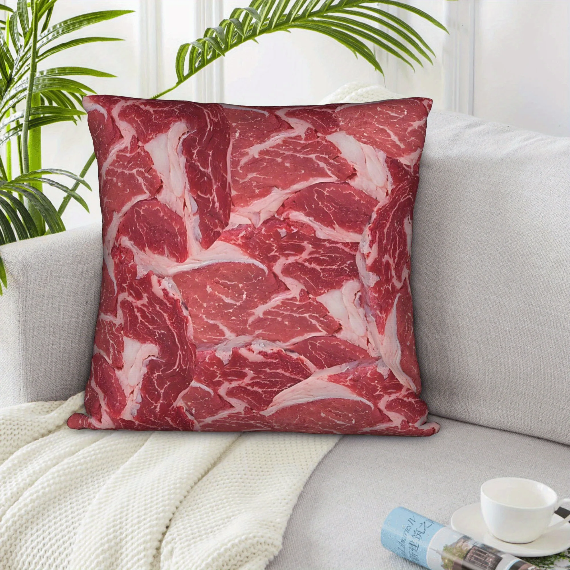 Customize 1pc Meat-Look Decorative Pillow Cover - Realistic Raw Meat Design, Zipper Closure, Machine Washable, Mixed Colors for