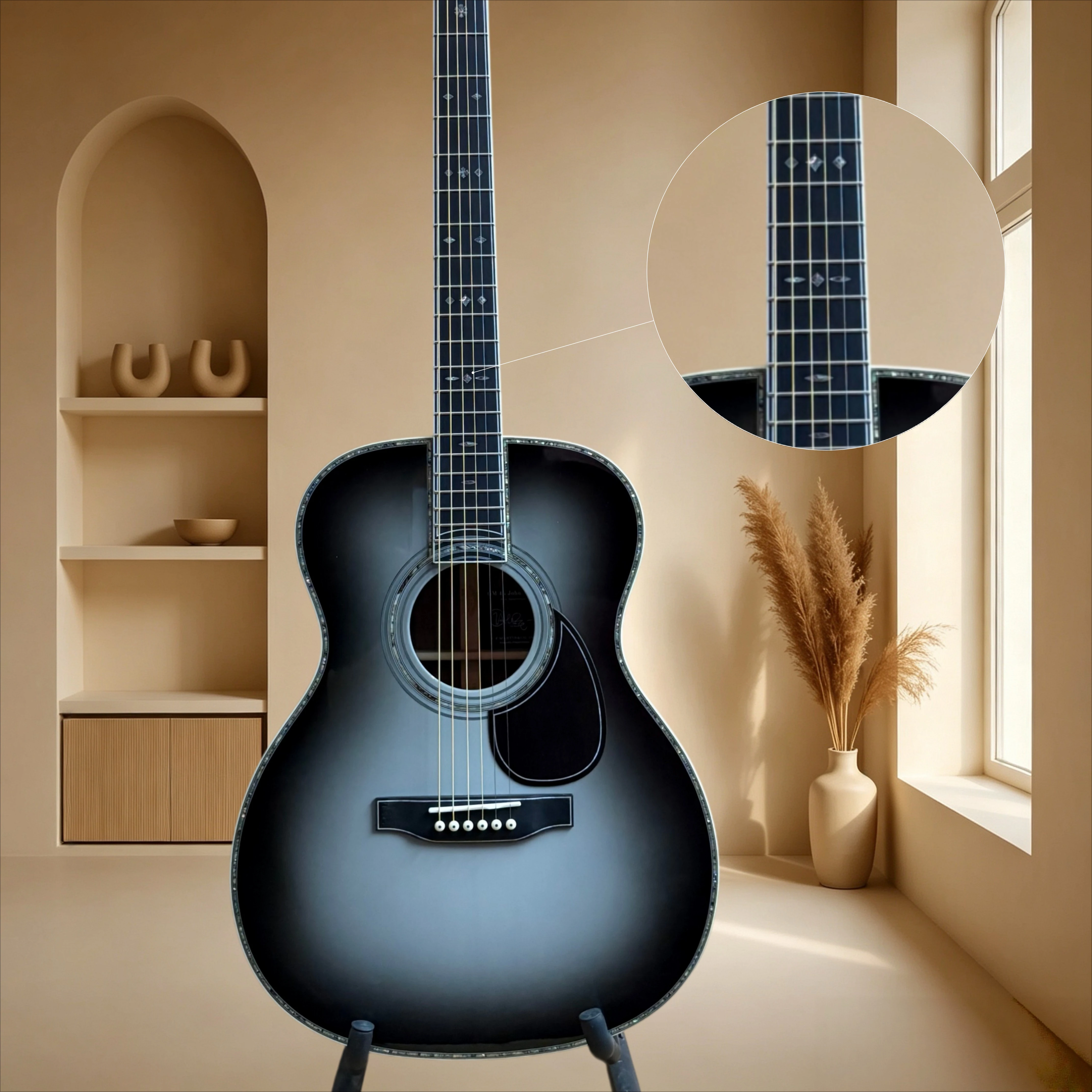 OM45 39 Inch OM Black Gray Gradient Acoustic Guitar Spruce Top Diamond Shell Inlay Balanced Tone Fingerstyle Singing Folk Guitar