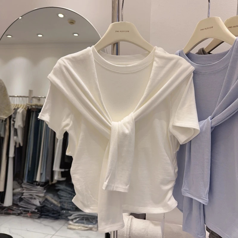 Design-sensual Niche Shawl Fake Two-piece T-shirt Women's Short-sleeved Top Age-reducing Solid Color Short Top