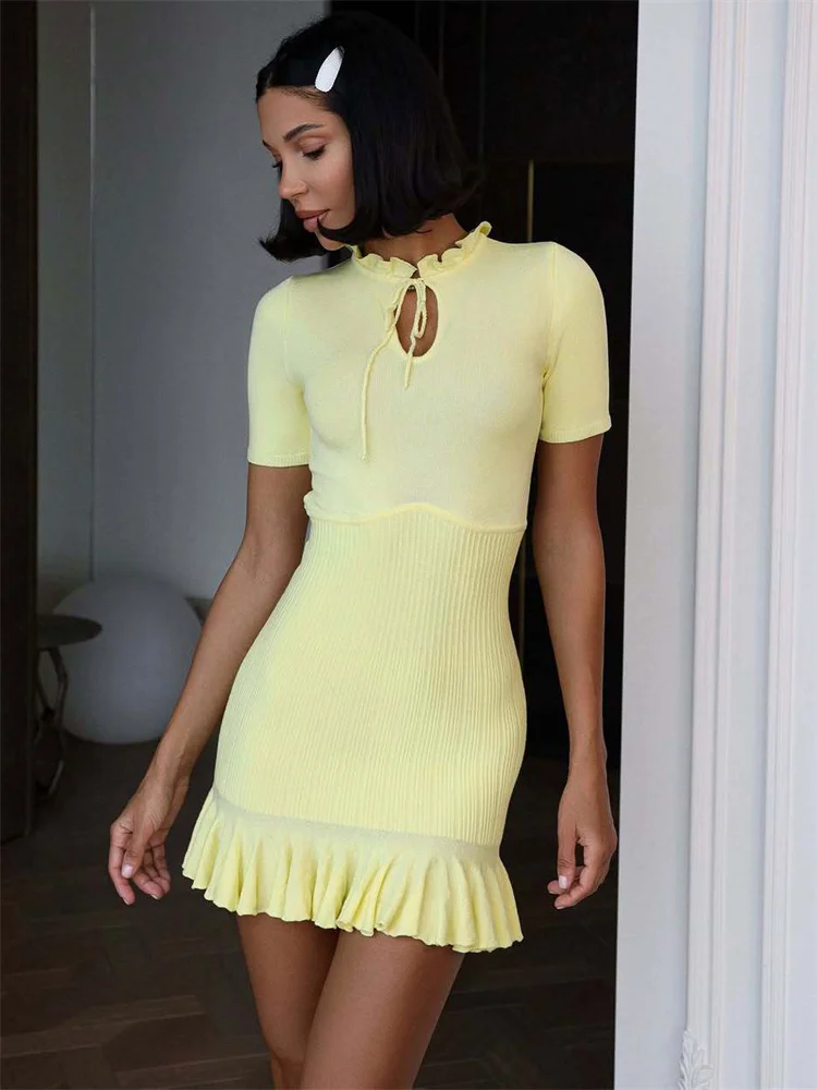 Tossy Ruffled Fashion Knit Mini Dress Women's Ribbed High Waist Patchwork Hollow Out Lace-Up Party Dress Female Knitwear Dress