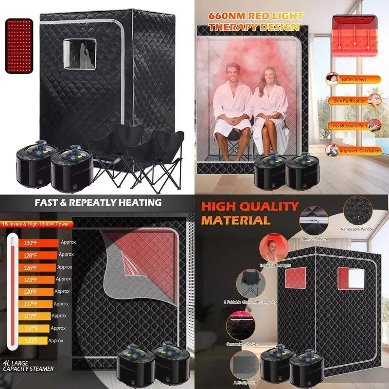 2 Person Portable Steam Sauna Box Infrared Red Light Therapy 660nm Home Spa Relaxation Tent with Two 1500W 4L Steamer Detox