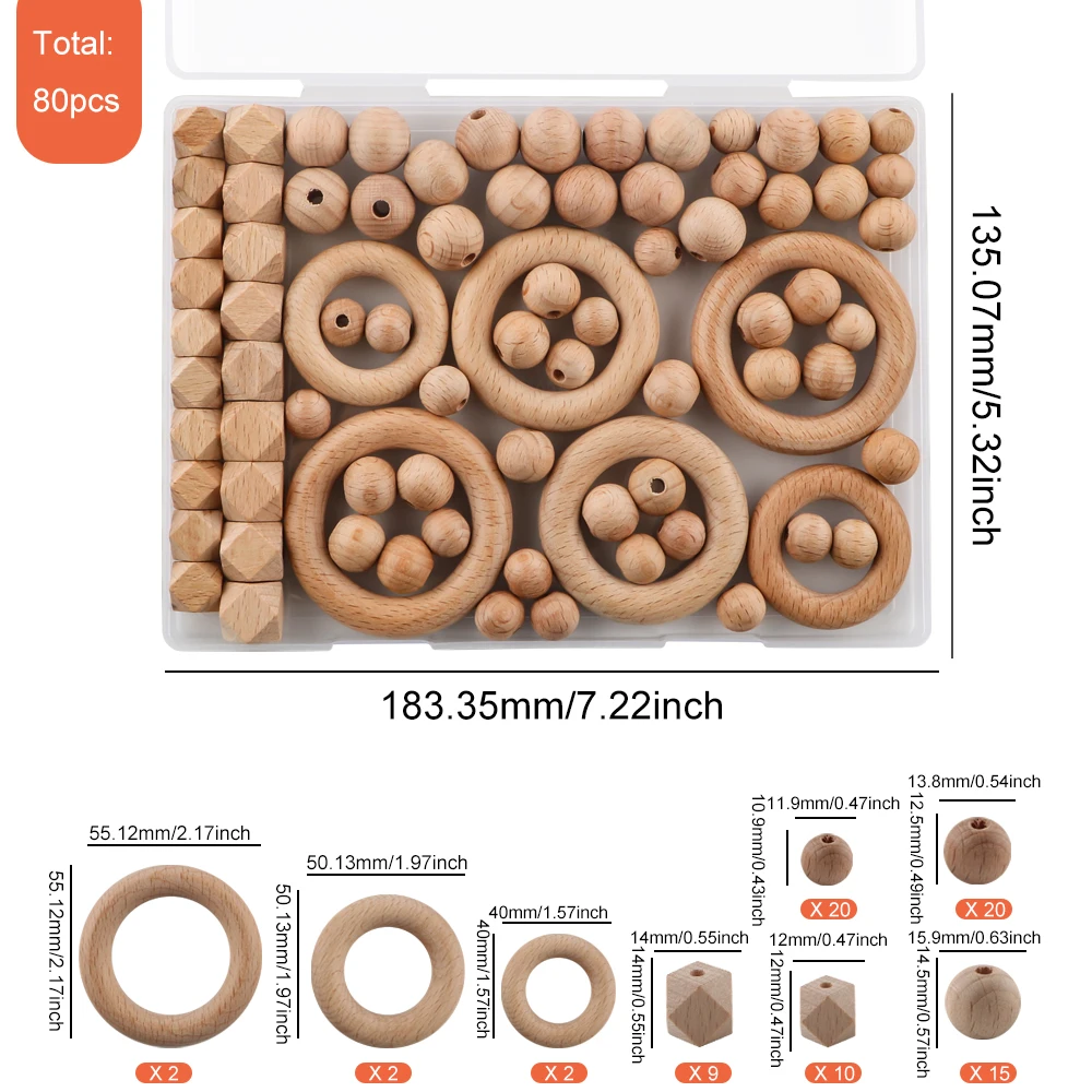حبات خشبية من الزان الدائرية ، حبات حروف سداسية الشكل ، سوار سهل الاستخدام ، إكسسوارات ، صناعة مجوهرات ، 80 في الصندوق