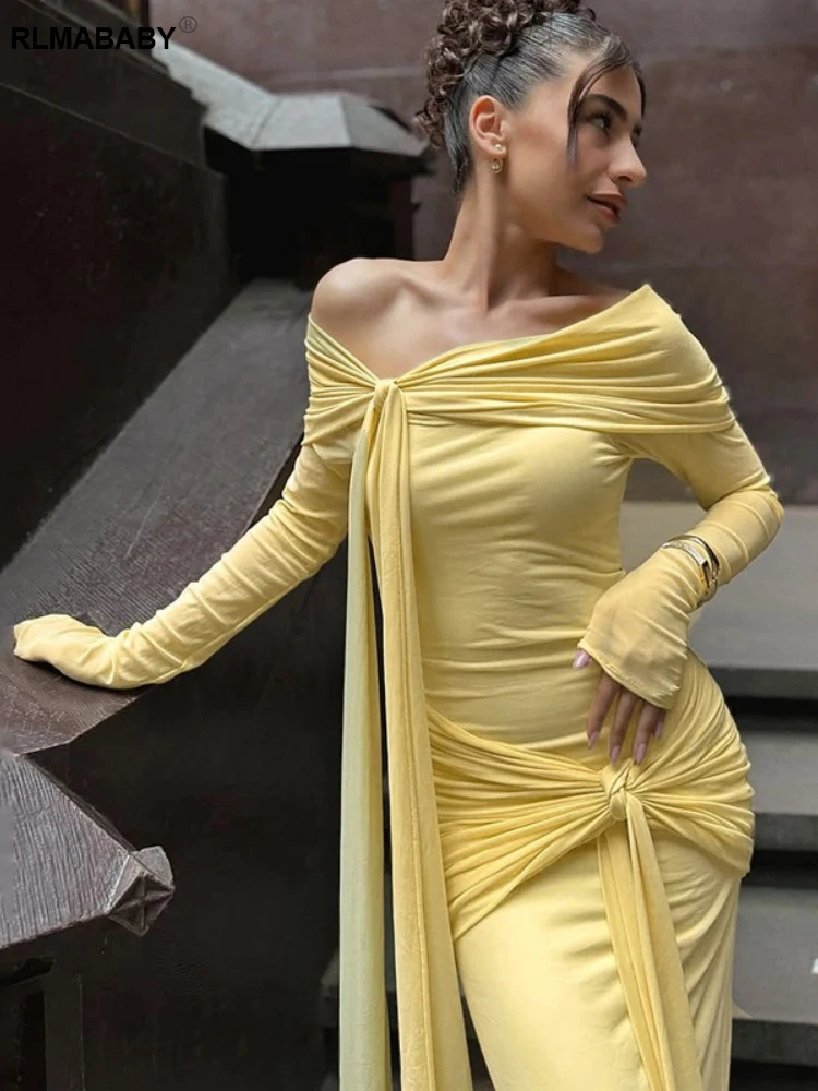 RLMABABY Sexy schulterfreies, gerüschtes, drapiertes Damen-Bodycon-Maxikleid, elegantes, rückenfreies Bandage-Party-gelbes, dünnes langes Kleid
