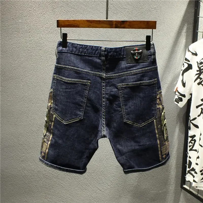 Short Jeans Pants for Men Graphic Skinny Embroidery Man Denim Shorts Slim Y2k Fashion Jorts Korean Popular Sale Streetwear Retro